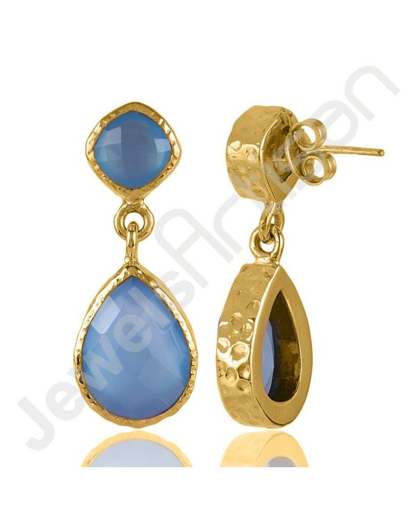Blue Onyx Earring Hammered Textured Earring 1-Micron Gold-Plated Earring