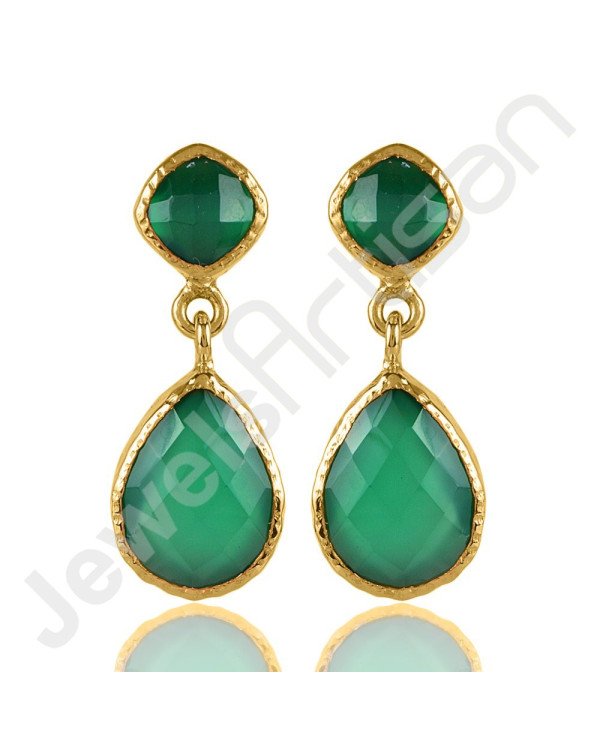 Green Onyx Earring Hammered Textured Earring 1-Micron Gold-Plated Earring