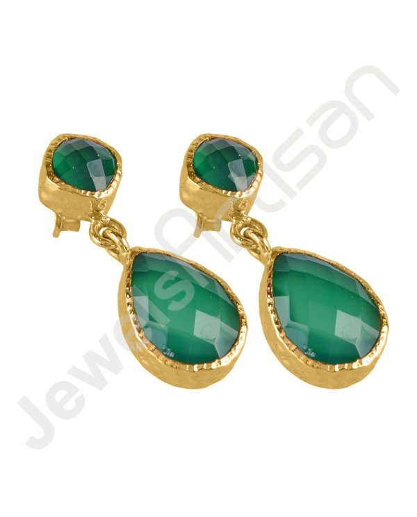 Green Onyx Earring Hammered Textured Earring 1-Micron Gold-Plated Earring