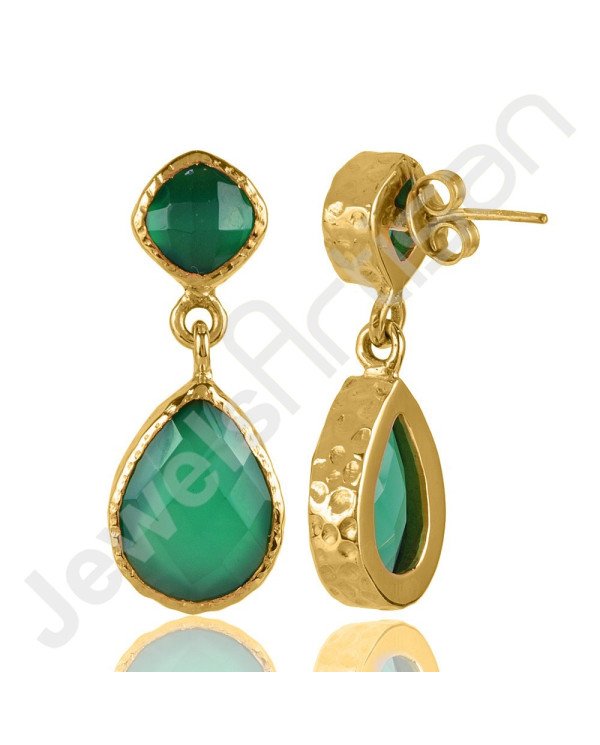 Green Onyx Earring Hammered Textured Earring 1-Micron Gold-Plated Earring