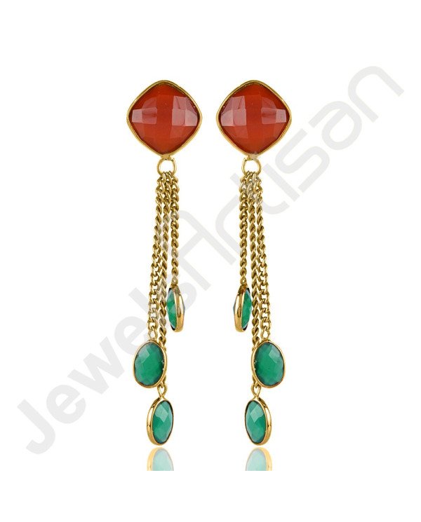 Red Quartz Earrings Green Onyx Earrings Gold Plated Brass Earrings