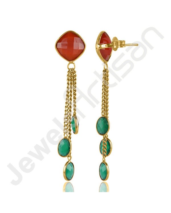 Red Quartz Earrings Green Onyx Earrings Gold Plated Brass Earrings