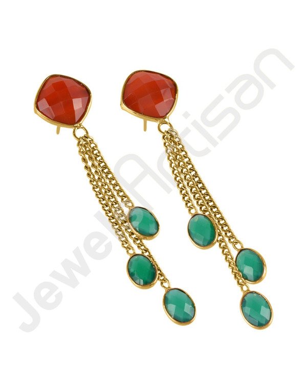Red Quartz Earrings Green Onyx Earrings Gold Plated Brass Earrings