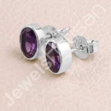 Sterling Silver Handmade Studs Natural Amethyst Studs