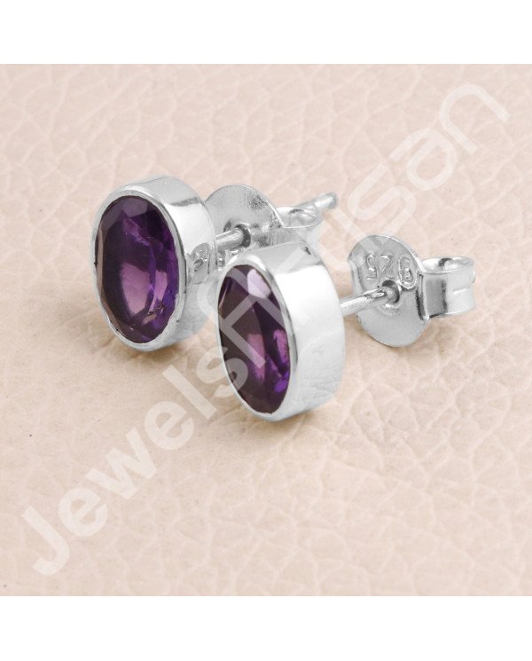 Sterling Silver Handmade Studs Natural Amethyst Studs