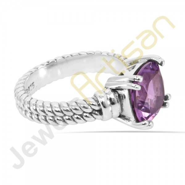 Purple Amethyst Ring, 925 Solid Sterling Silver Solitaire Gemstone Ring