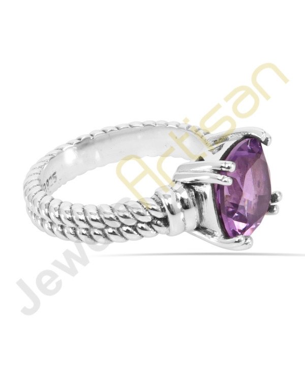 Purple Amethyst Ring, 925 Solid Sterling Silver Solitaire Gemstone Ring