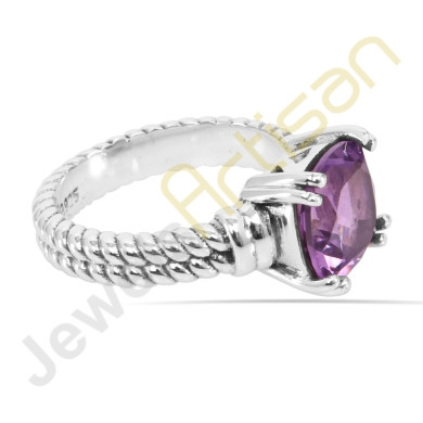 Purple Amethyst Ring, 925 Solid Sterling Silver Solitaire Gemstone Ring