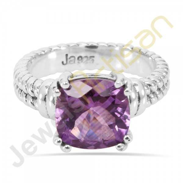 Purple Amethyst Ring, 925 Solid Sterling Silver Solitaire Gemstone Ring