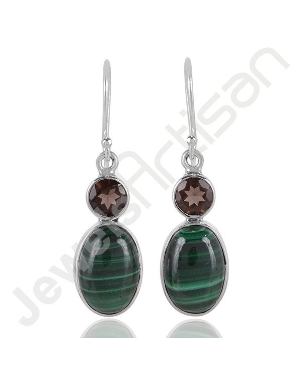 Malachite Gemstone Earrings Smoky Quartz Earrings 925 Silver Earrings