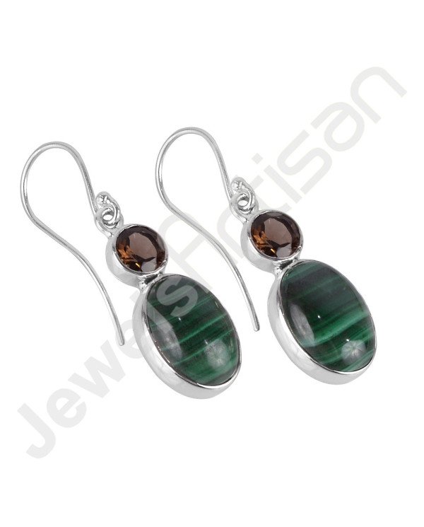 Malachite Gemstone Earrings Smoky Quartz Earrings 925 Silver Earrings