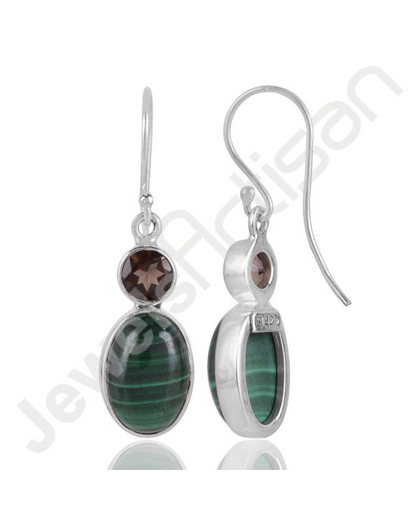 Malachite Gemstone Earrings Smoky Quartz Earrings 925 Silver Earrings