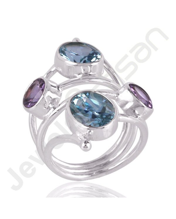 Sky Blue Topaz, Amethyst Gemstone Ring 925 Solid Sterling Silver Ring