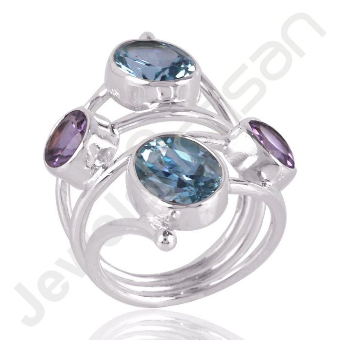 Sky Blue Topaz, Amethyst Gemstone 925 Solid Sterling Silver Ring