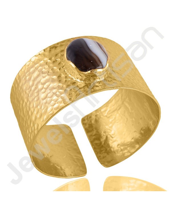 18K Gold Plated Bangle Textured Cuff Bangle Black Banded Agate Bangle