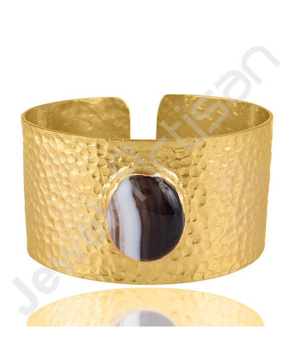 18K Gold Plated Bangle Textured Cuff Bangle Black Banded Agate Bangle