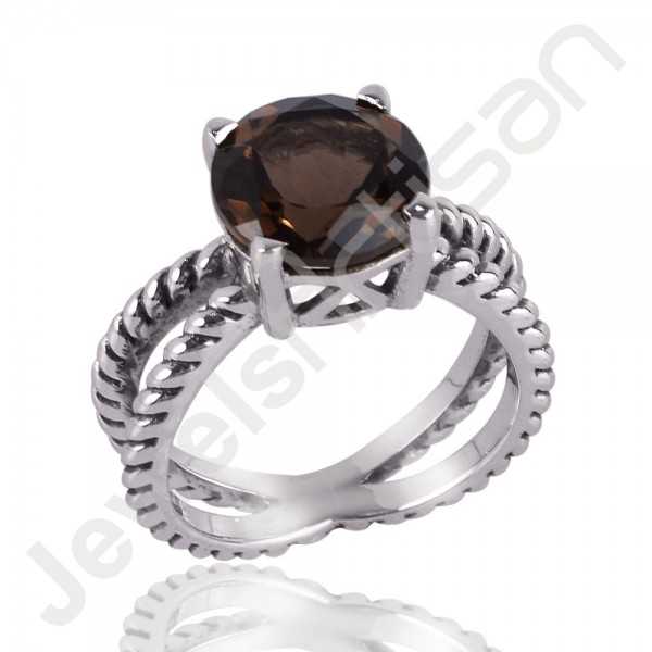 Smoky Quartz Gemstone Ring 925 Sterling Silver Prong Set Ring