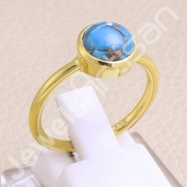 Blue Copper Turquoise Ring Gold-Plated Ring 925 Sterling Silver Ring