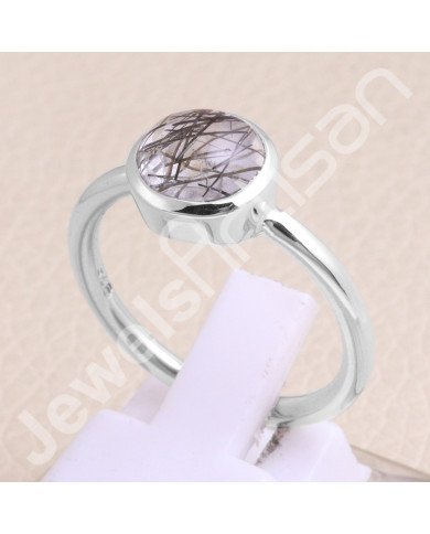 Classic Solitaire Ring Sterling Silver Ring Tourmalinated Quartz Ring
