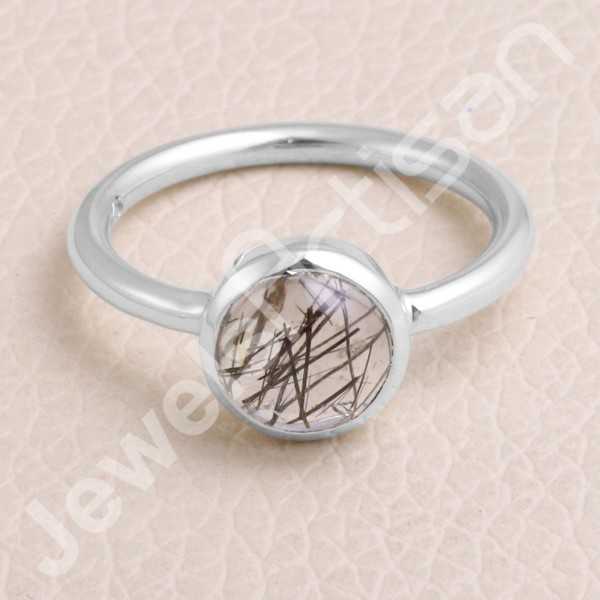 Classic Solitaire Ring Sterling Silver Ring Tourmalinated Quartz Ring