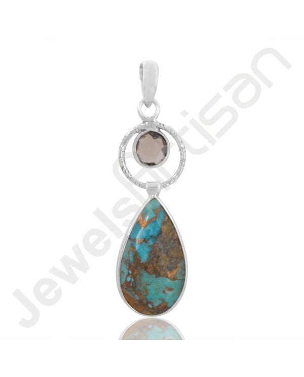 Boulder Turquoise Pendant Smokey Quartz Pendant 925 Silver Pendant