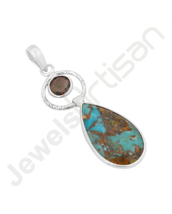 Boulder Turquoise Pendant Smokey Quartz Pendant 925 Silver Pendant