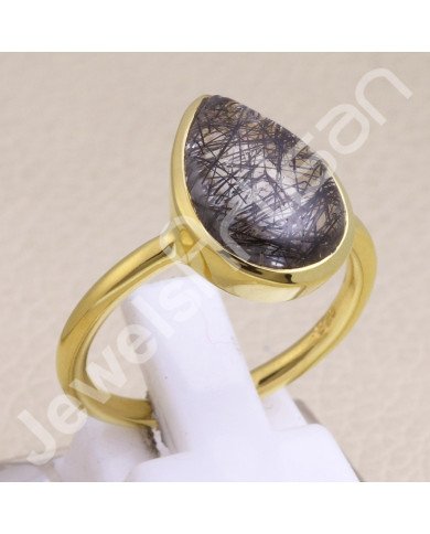 Solid Silver Gold Vermeil Tourmalinated Quartz Ring