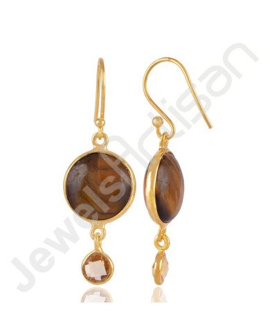 Tiger Eye Earrings Solid Silver Earrings 18 K Gold-Plated Earrings