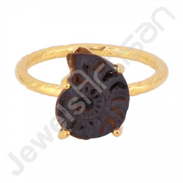 Hematite Ammonite Gemstone Ring 18 K Gold Vermeil Ring 925 Solid Silver Ring