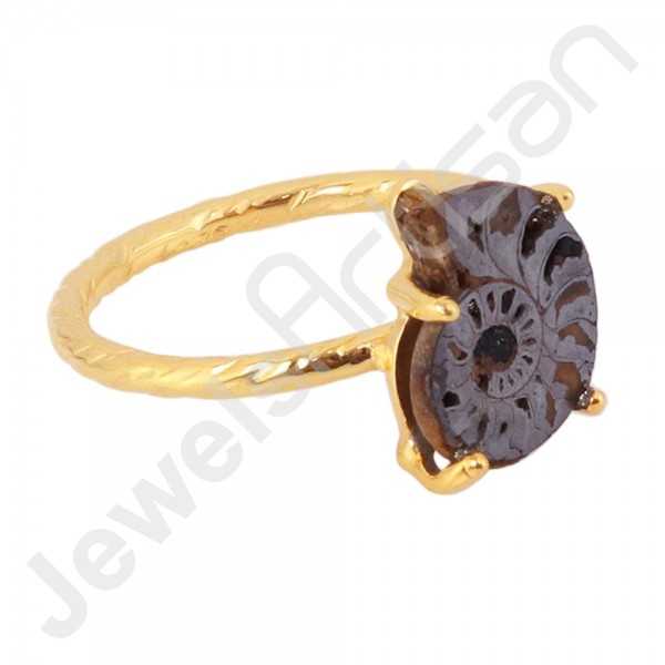 Hematite Ammonite Gemstone Ring 18 K Gold Vermeil Ring 925 Solid Silver Ring