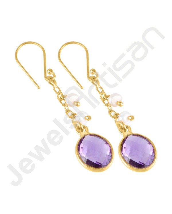 Amethyst Earrings Pearl Earrings 18 K Yellow Gold-Plated Earrings