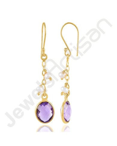 Amethyst Earrings Pearl Earrings 18 K Yellow Gold-Plated Earrings