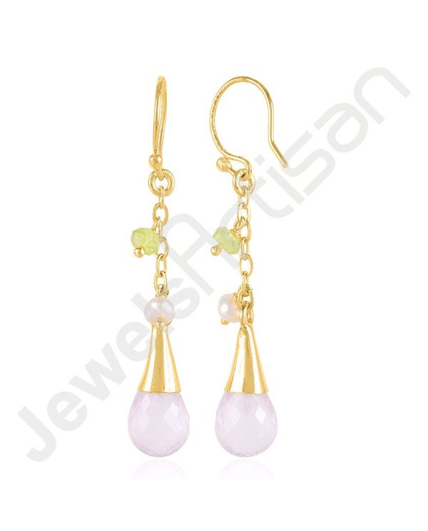 Rose Quartz Earrings Pearl Earrings Peridot Gold Vermeil Earrings