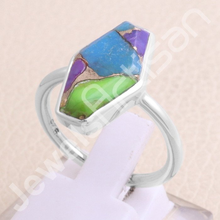 Green Purple Copper Turquoise 925 Sterling Silver Handmade Ring