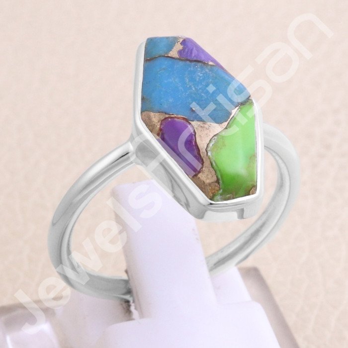 Green Purple Copper Turquoise 925 Sterling Silver Handmade Ring