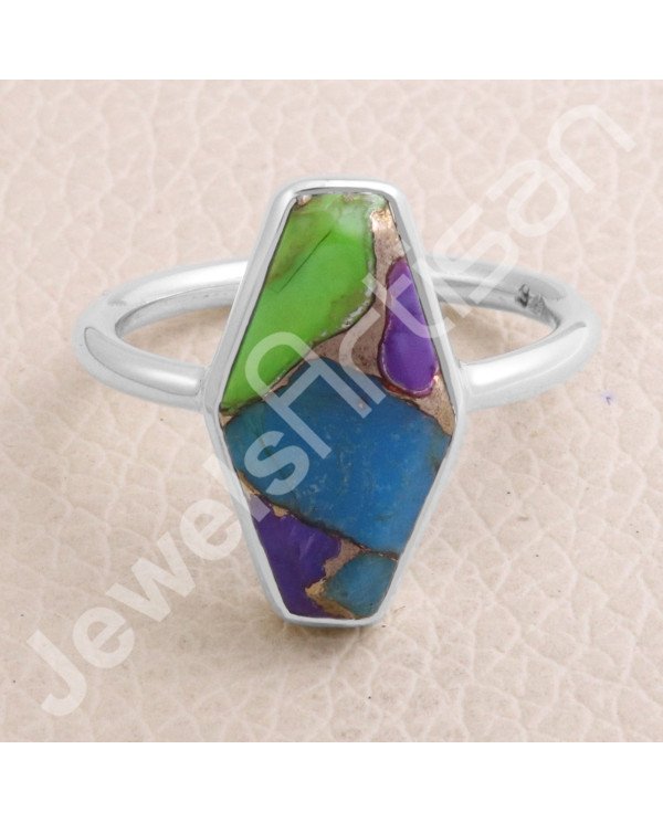 Green Purple Copper Turquoise 925 Sterling Silver Handmade Ring