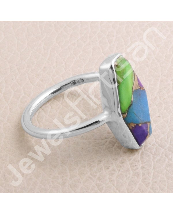 Green Purple Copper Turquoise 925 Sterling Silver Handmade Ring