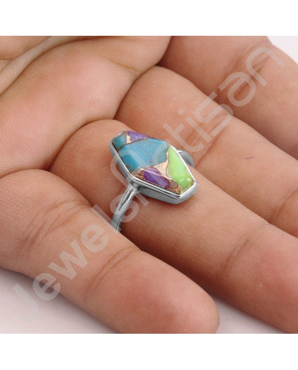 Green Purple Copper Turquoise 925 Sterling Silver Handmade Ring