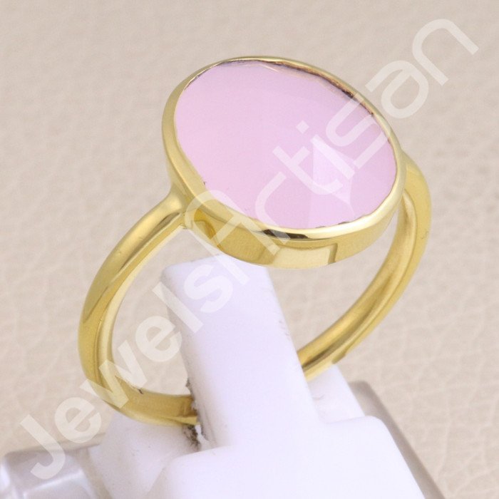 925 Solid Silver Pink Chalcedony Gold Vermeil Ring