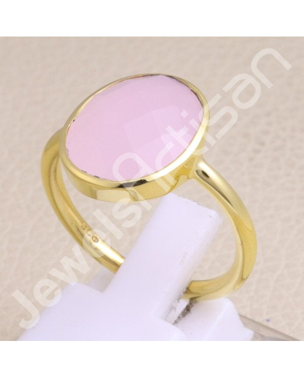 925 Solid Silver Pink Chalcedony Gold Vermeil Ring