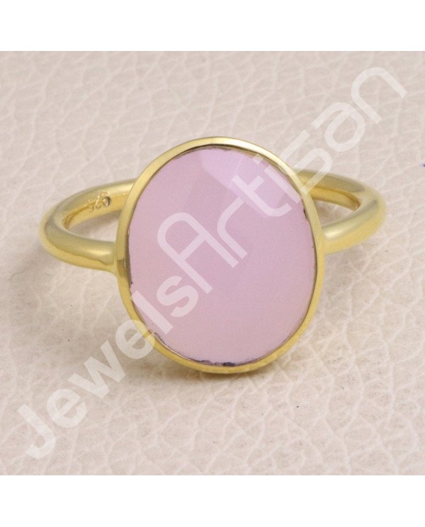 925 Solid Silver Pink Chalcedony Gold Vermeil Ring