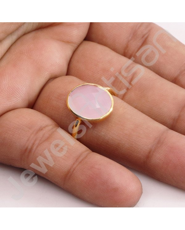 925 Solid Silver Pink Chalcedony Gold Vermeil Ring