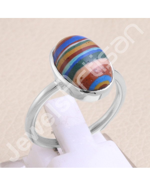 925 Sterling Silver Rainbow Calsilica Ring