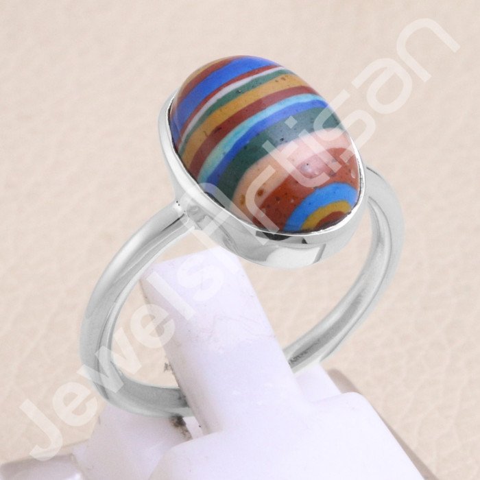 925 Sterling Silver Rainbow Calsilica Ring