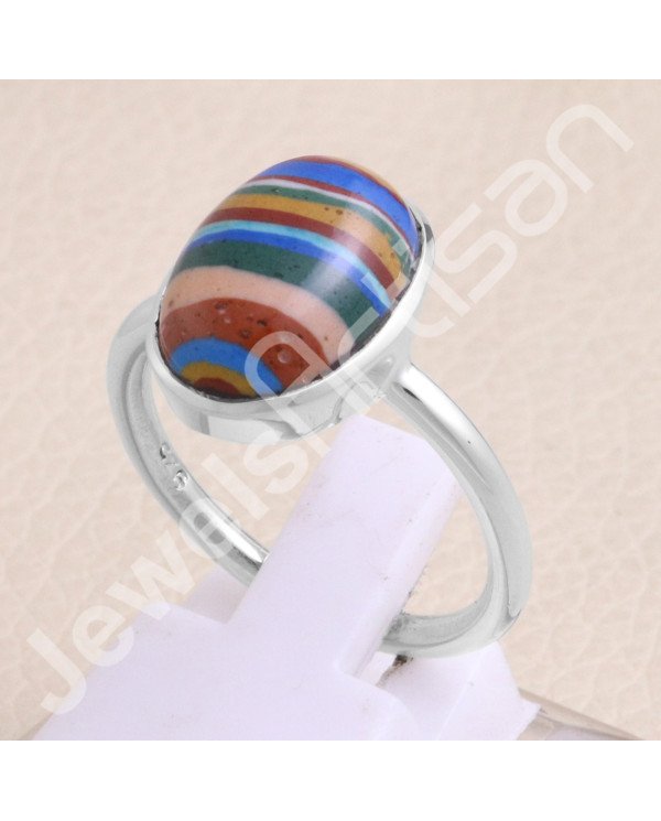 925 Sterling Silver Rainbow Calsilica Ring