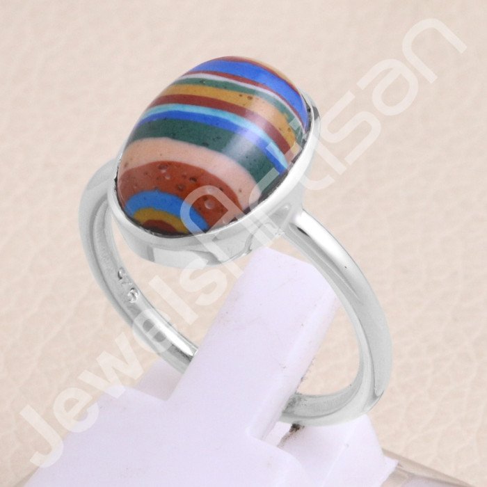 925 Sterling Silver Rainbow Calsilica Ring