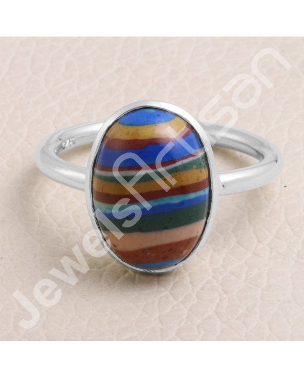 925 Sterling Silver Rainbow Calsilica Ring