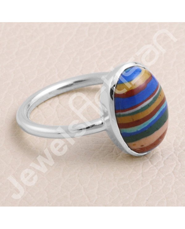 925 Sterling Silver Rainbow Calsilica Ring