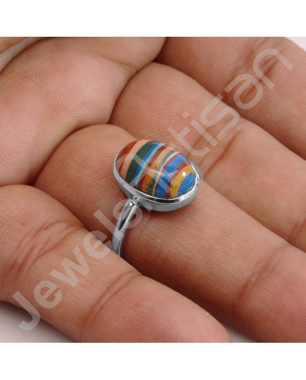 925 Sterling Silver Rainbow Calsilica Ring