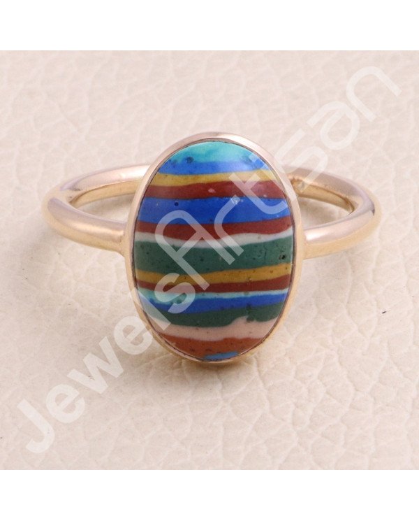 Rainbow Calsilica Rose Gold-Plated 925 Sterling Silver Ring